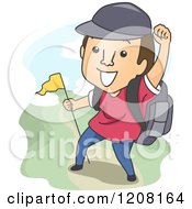 Cartoon Of A Happy Man Hiking With A Flag Royalty Free Vector Clipart