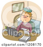 Poster, Art Print Of Sick Man Working At Home With An Ice Pack On His Head
