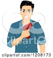 Cartoon Of A Handsome Man Holding A Drill Royalty Free Vector Clipart