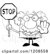 Cartoon Of An Outlined Science Professor Holding Out A Hand And Stop Sign Royalty Free Vector Clipart by Hit Toon