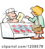 Poster, Art Print Of Friendly Caucasian Butcher Handing A Cut Of Meat To A Customer