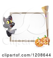 Black Cat Pointing To A White Board Halloween Sign With Pumpkins And A Broomstick
