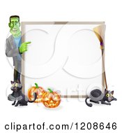 Poster, Art Print Of Happy Frankenstein With Cats A Broomstick And Halloween Pumpkins Pointing To A White Board Sign
