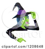 Poster, Art Print Of Green Halloween Witch Touching Her Hat And Pointing Down To A Sign