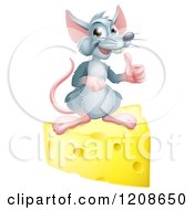 Poster, Art Print Of Happy Gray Mouse Holding A Thumb Up On A Block Of Cheese