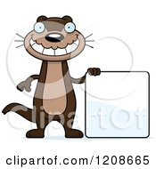 Cartoon Of A Happy Skinny Otter By A Sign Royalty Free Vector Clipart