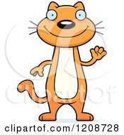 Cartoon Of A Waving Skinny Ginger Cat Royalty Free Vector Clipart