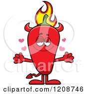 Cartoon Of A Loving Flaming Red Chili Pepper Devil Mascot Royalty Free Vector Clipart by Cory Thoman