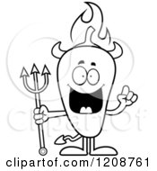 Cartoon Of A Black And White Smart Flaming Chili Pepper Devil Mascot Royalty Free Vector Clipart