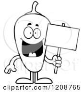 Cartoon Of A Black And White Chili Pepper Mascot Holding A Sign Royalty Free Vector Clipart