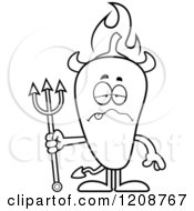 Cartoon Of A Black And White Sick Flaming Chili Pepper Devil Mascot Royalty Free Vector Clipart