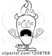 Cartoon Of A Black And White Scared Flaming Chili Pepper Devil Mascot Royalty Free Vector Clipart