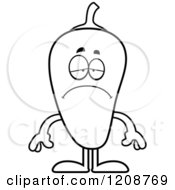Cartoon Of A Black And White Depressed Chili Pepper Mascot Royalty Free Vector Clipart