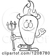 Cartoon Of A Black And White Waving Flaming Chili Pepper Devil Mascot Royalty Free Vector Clipart