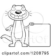 Cartoon Of A Black And White Happy Skinny Otter By A Sign Royalty Free Vector Clipart
