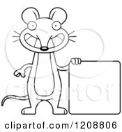 Cartoon Of A Black And White Happy Skinny Mouse By A Sign Royalty Free Vector Clipart