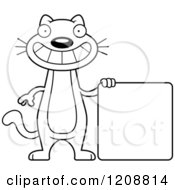 Cartoon Of A Black And White Skinny Cat By A Sign Royalty Free Vector Clipart