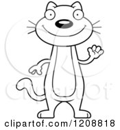 Cartoon Of A Black And White Waving Skinny Cat Royalty Free Vector Clipart