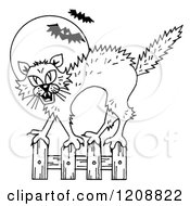 Poster, Art Print Of Black And White Halloween Scared Cat And Bats Against A Full Moon