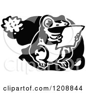Clipart Of A Vintage Black And White Frog Reading On A Lily Pad Royalty Free Vector Illustration