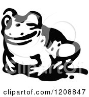 Clipart Of A Vintage Black And White Winking Frog Royalty Free Vector Illustration