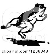 Clipart Of A Vintage Black And White Frog Leaping Royalty Free Vector Illustration