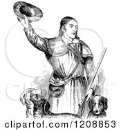 Clipart Of Vintage Black And White David Crocket With Dogs Royalty Free Vector Illustration