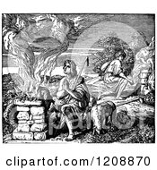 Clipart Of A Vintage Black And White Biblica Scene Of Cain And Abels Offering Unto God Royalty Free Vector Illustration