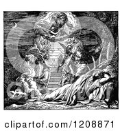 Clipart Of A Vintage Black And White Biblica Scene Of Jacobs Dream With Angels Ascending And Descending Royalty Free Vector Illustration