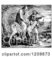 Clipart Of A Vintage Black And White Scene Of Mary Joseph And Baby Jesus Traveling To Egypt Royalty Free Vector Illustration