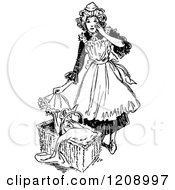 Poster, Art Print Of Vintage Black And White French Maid And Baby Basket