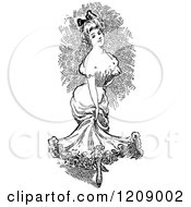 Clipart Of A Vintage Black And White Lady Holding Her Dress Royalty Free Vector Illustration