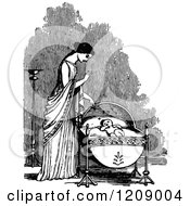 Clipart Of A Vintage Black And White Mother Over A Baby Cradle Royalty Free Vector Illustration