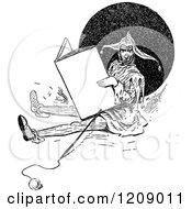 Clipart Of A Vintage Black And White Jester Reading A Large Book Royalty Free Vector Illustration