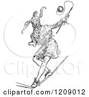 Clipart Of A Vintage Black And White Jester Walking A Tightrope Royalty Free Vector Illustration