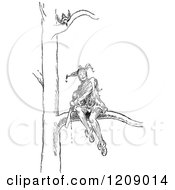 Clipart Of A Vintage Black And White Jester Sitting On A Branch And Sawing It Off A Tree Royalty Free Vector Illustration