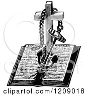Clipart Of A Vintage Black And White Anchor And Cross Over A Bible Royalty Free Vector Illustration