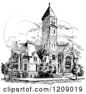 Clipart Of A Vintage Black And White Ancient Church Royalty Free Vector Illustration