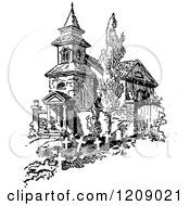 Clipart Of A Vintage Black And White Old French Church And Graves Royalty Free Vector Illustration