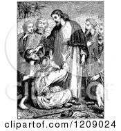 Clipart Of A Vintage Black And White Scene Of Jesus Healing The Blind Royalty Free Vector Illustration