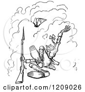 Clipart Of A Vintage Black And White Soldier Blasted Into The Air Royalty Free Vector Illustration