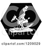 Clipart Of A Vintage Black And White Man On A Rocking Horse Royalty Free Vector Illustration