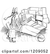 Clipart Of A Vintage Black And White Man Pushing An Overloaded Wheelbarrow Royalty Free Vector Illustration