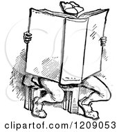 Clipart Of A Vintage Black And White Man Reading A Large Book Royalty Free Vector Illustration