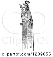 Clipart Of A Vintage Black And White Man Eating Beans On Top Of A Monument Royalty Free Vector Illustration