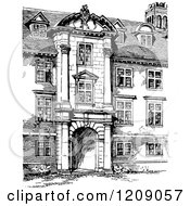 Clipart Of A Vintage Black And White Facade Of St Catherines College In Cambridge Uk Royalty Free Vector Illustration