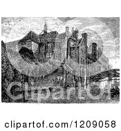 Clipart Of A Vintage Black And White Riverfront View Of Queens College Cambridge Uk Royalty Free Vector Illustration by Prawny Vintage
