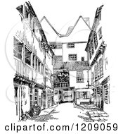 Clipart Of A Vintage Black And White Falcon Yard In Cambridge Uk Royalty Free Vector Illustration