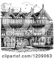 Clipart Of A Vintage Black And White Ancient UK House Royalty Free Vector Illustration