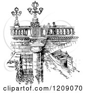 Clipart Of A Vintage Black And White Parisian Bridge And Canal Royalty Free Vector Illustration